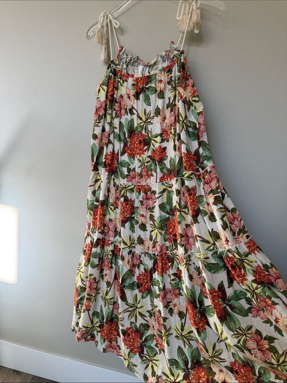 Super Loose Flowy Tiered Floral Midi Dress with Natural Rope Spaghetti Ties